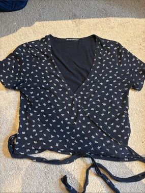 Brandy Melville Navy White Floral Wrap Crop Top